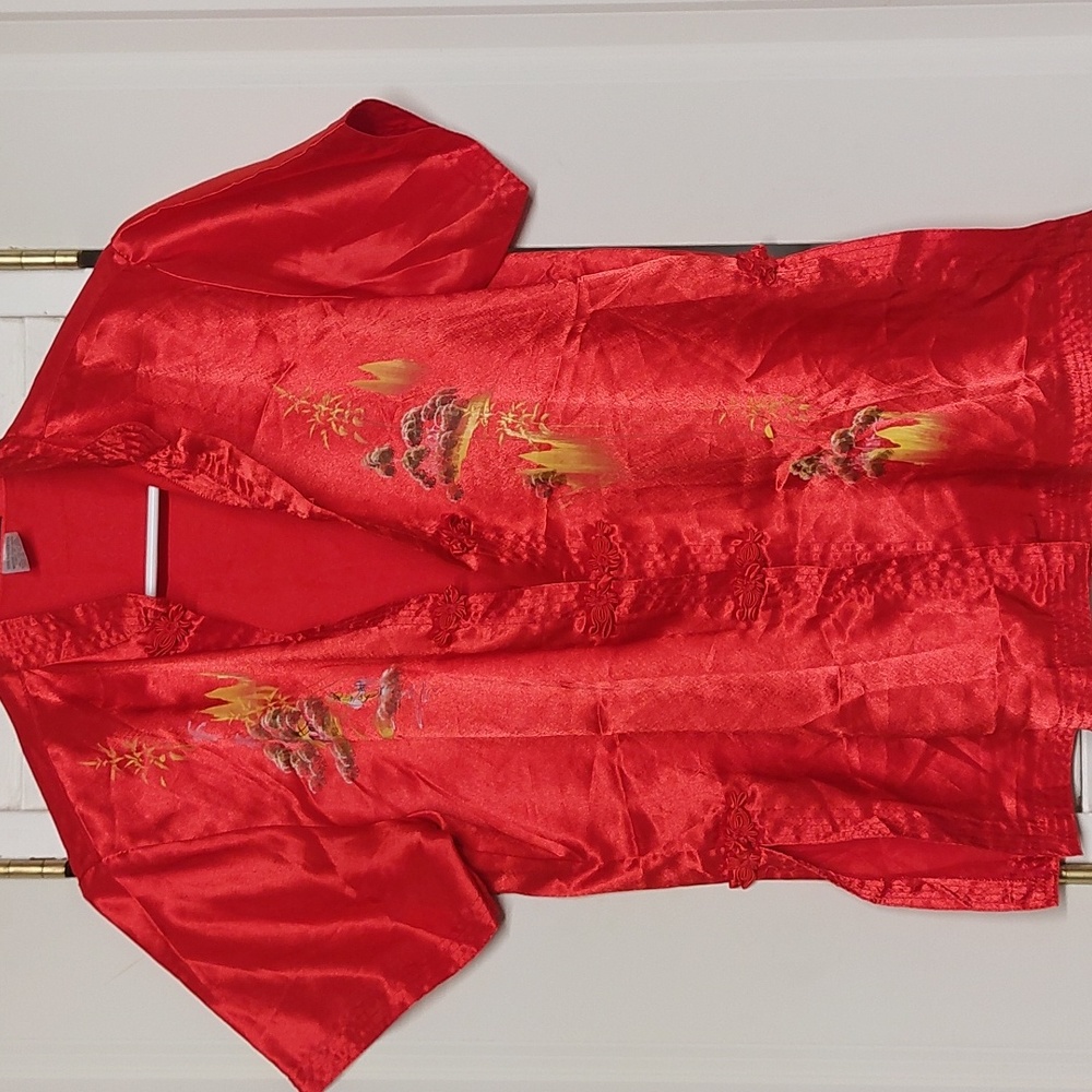 Vintage Asian Print, Polyester Top, Medium, Red